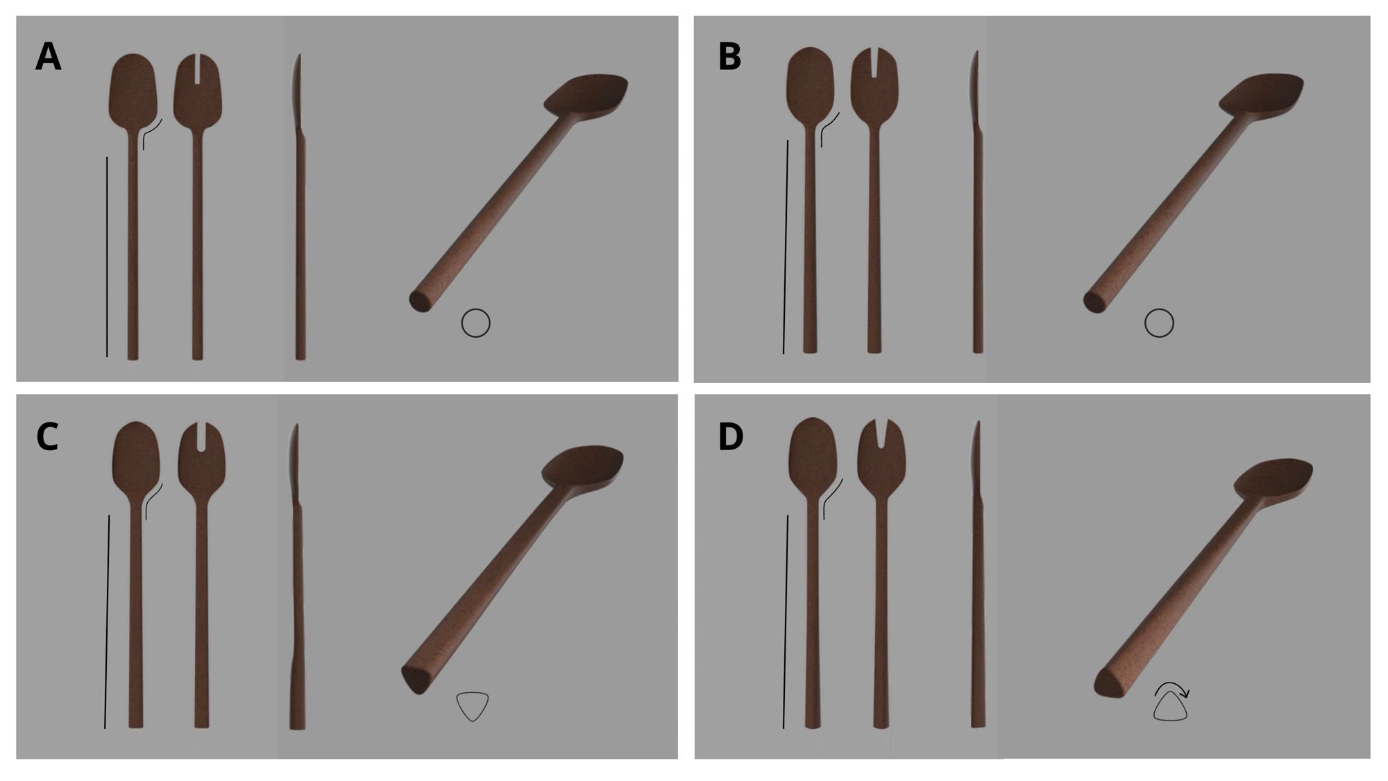 Four CAD concepts of the same salad servers, A to D