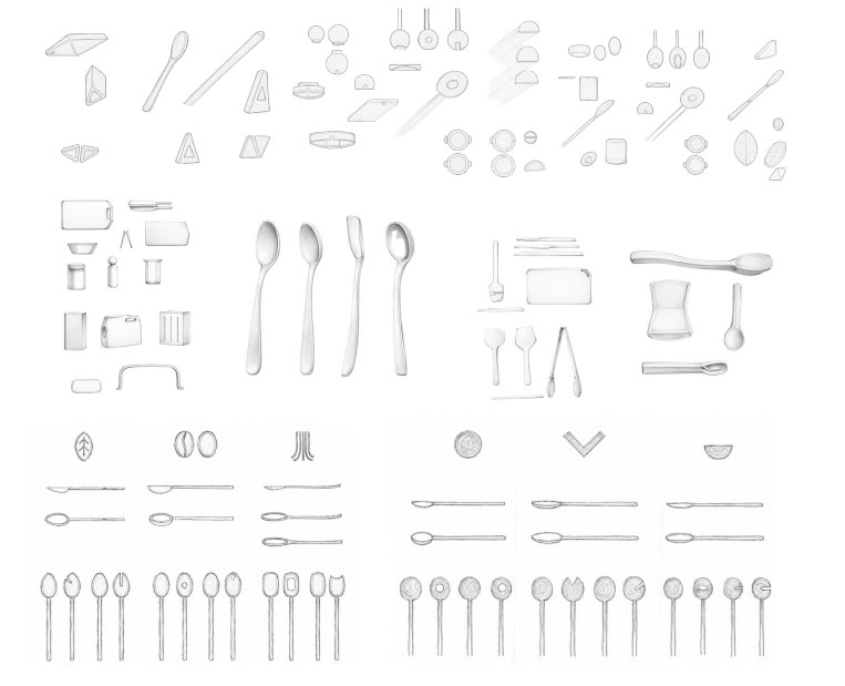 Ideation sketches, kitchen tools and form variations
