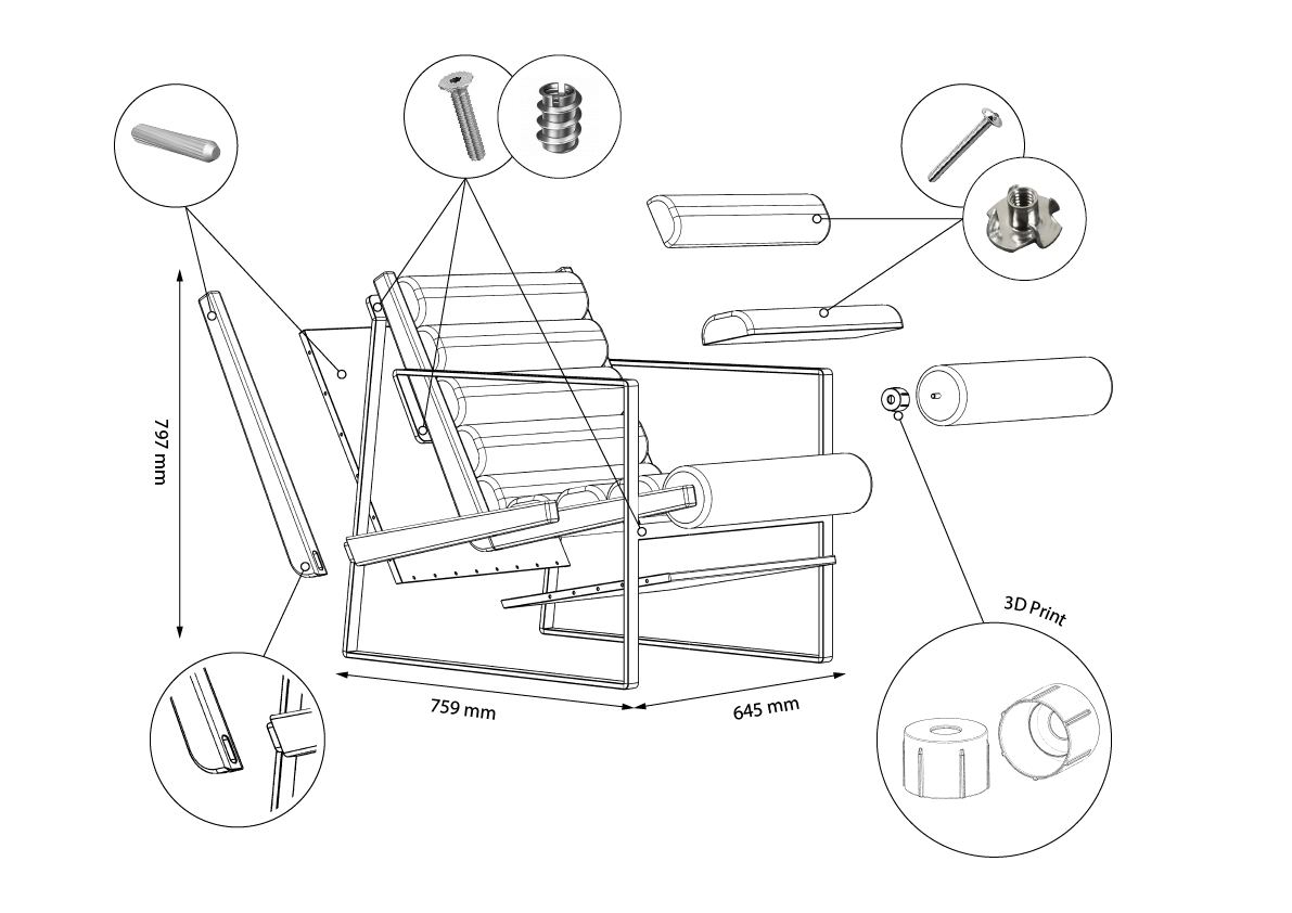 Exploded view showing components and fasteners